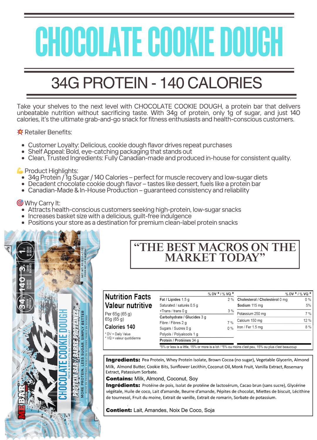 Rage Protein Bar Chocolate Cookie Dough flavour packaging with nutritional information and ingredients. Chocolate protein bar with high protein, low calories and low sugar