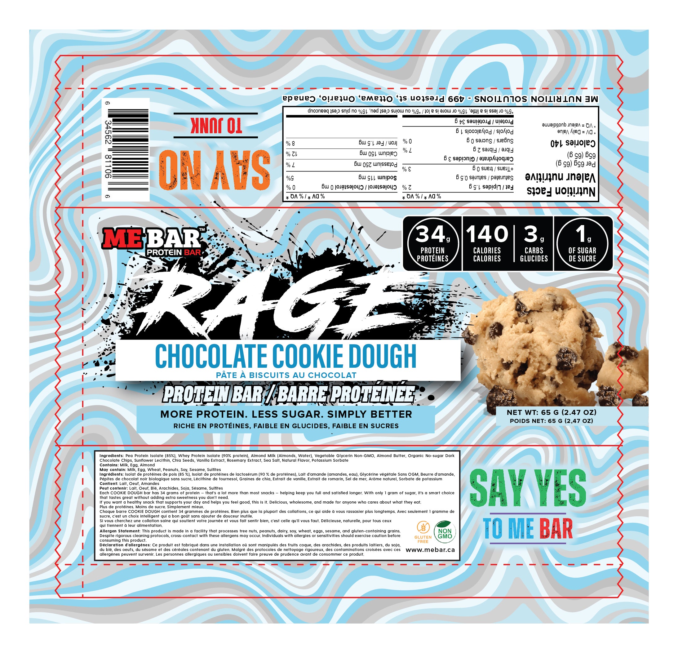ME BAR Rage Chocolate Cookie Dough protein bar packaging with nutritional information and branding. Chocolate protein bar with high protein, low calories and low sugar