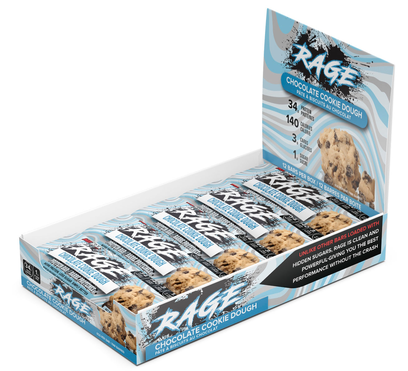 Box of Rage protein bars with chocolate cookie dough flavour. Chocolate protein bar with high protein, low calories and low sugar
